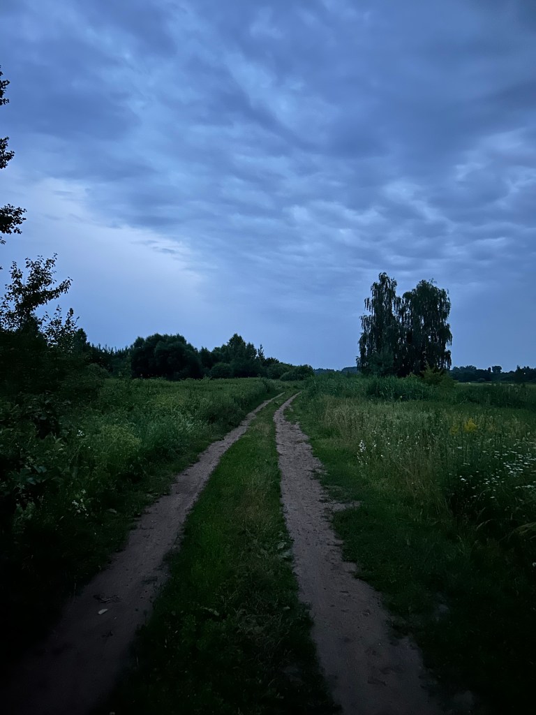 Belarusian countryside field road at dusk on a summer solstice evening.